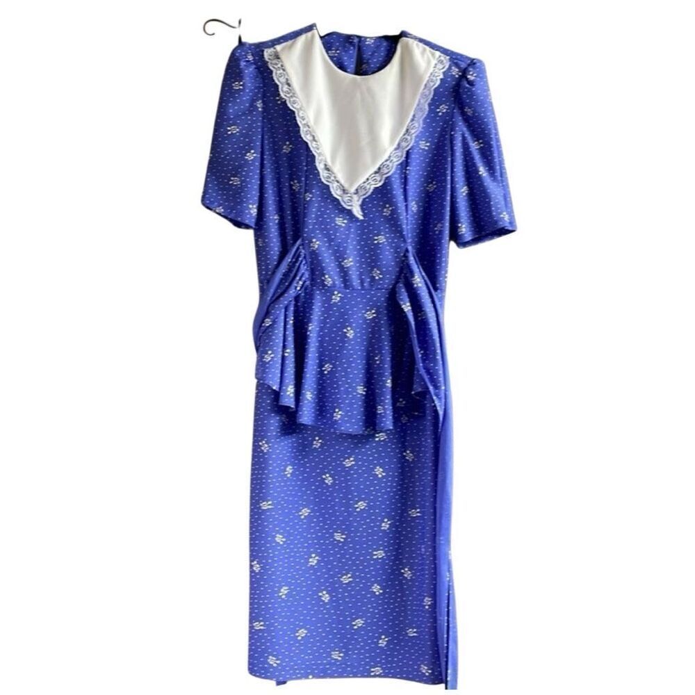 KR of NY Bibbed Lace Trimmed Peplum Vintage Dress Womens 7/8 Blue 80’s
